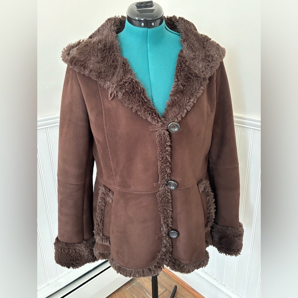 Jones New York Faux Suede Jacket with Faux Fur Trim and Hood, size Large